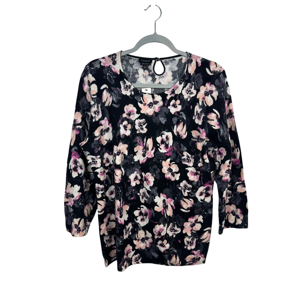 Talbots Cashmere Sweater Women L Black Pink Floral NWT Keyhole Back 3/4 Sleeve